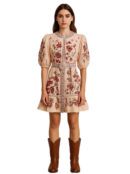 Caroline Constas Dresses & Skirts - Caroline Constas Cream Multi Colored Embroidered Belted Midi Dress Western Med